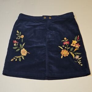 Floral Embroidered Coudoroy Skirt Navy Blue Size 4